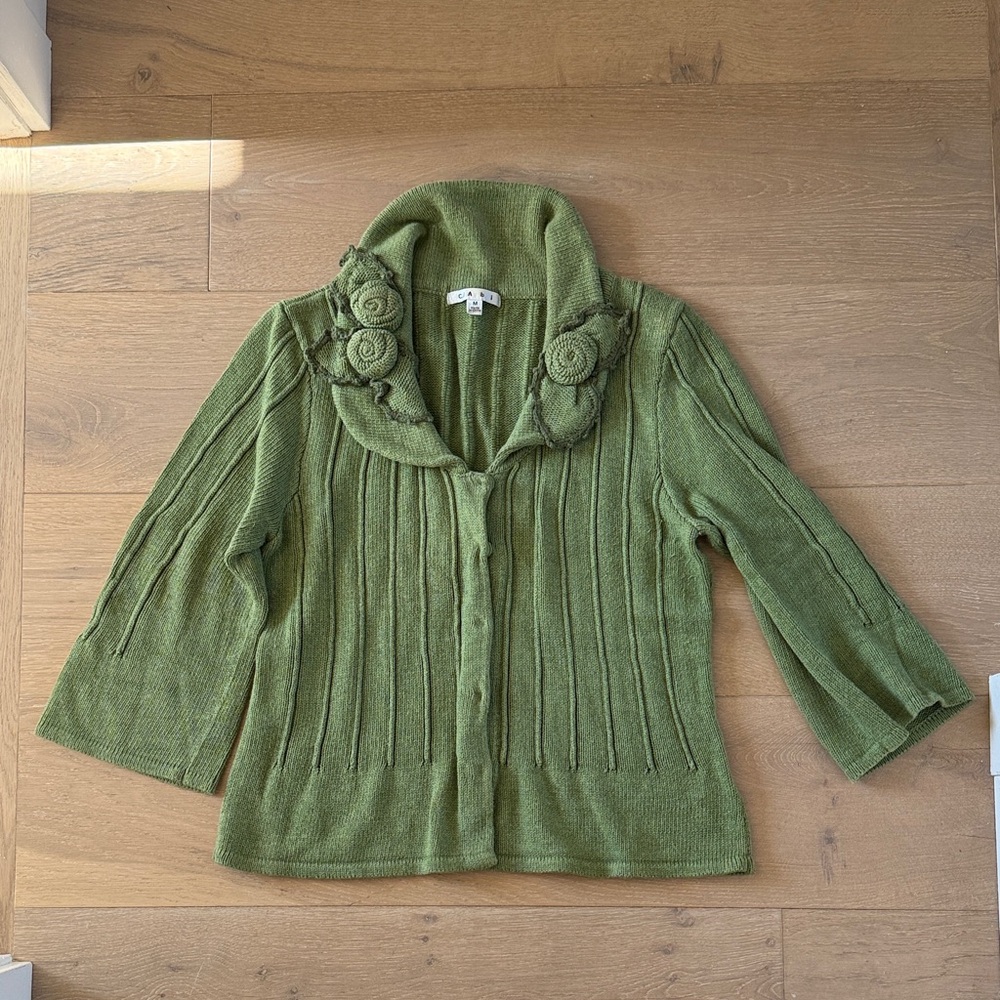CAbi Olive Sage green Cardigan with Knitted Floral Details elbow sleeves Spring